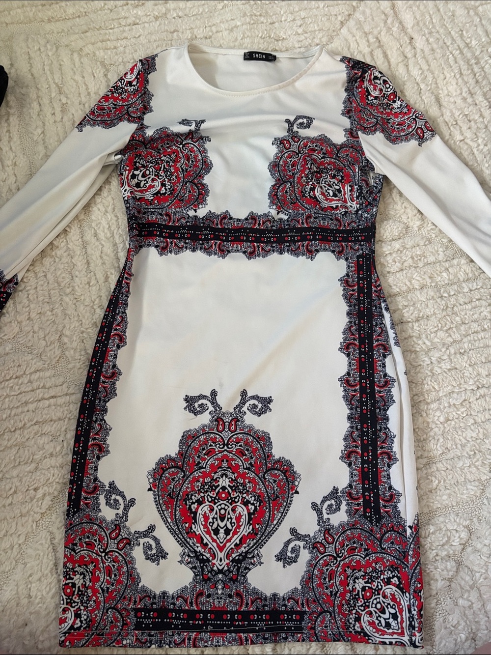 SHEIN White Long-Sleeve Paisley Print Bodycon Dress with Red and Black Accents